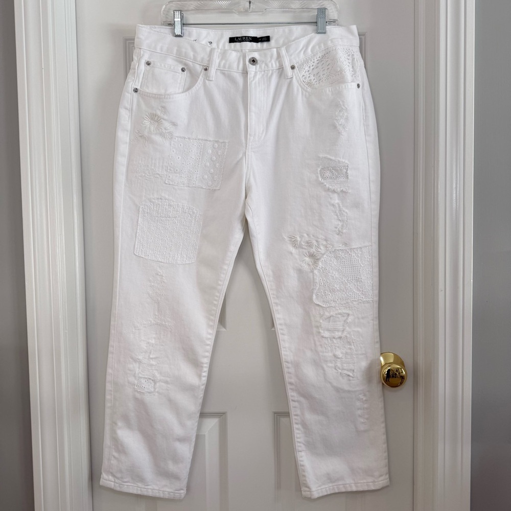 LAUREN Ralph Lauren Girlfriend Eyelet Patchwork Embroidered Straight Jeans Sz 12